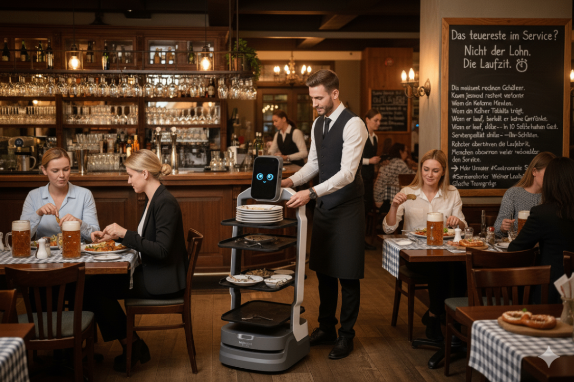 Serviceroboter hilft Kellner beim Abräumen im deutschen Restaurant